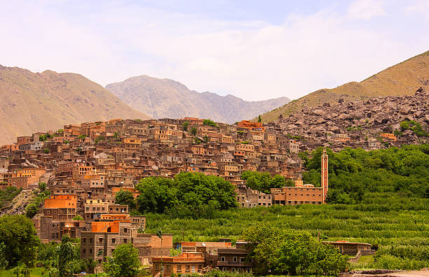 Moroccan kasbah in Atlas Mountains, Morocco, Africa.Imlil is best known as a base for trekkers and mountaineers.  As a village it is situated in a stunning location for Toubkal, this is the stopping off point for 90% of walkers or trekkers looking to climb the highest mountain in North Africa.